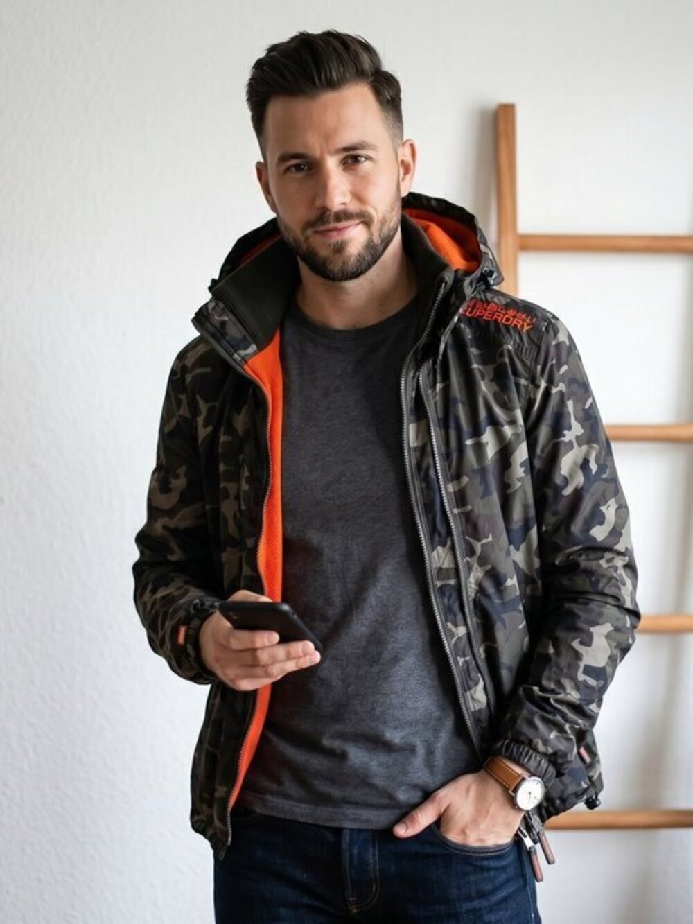 Superdry Japan Men's green & orange Camouflage nylon hooded jacket medium